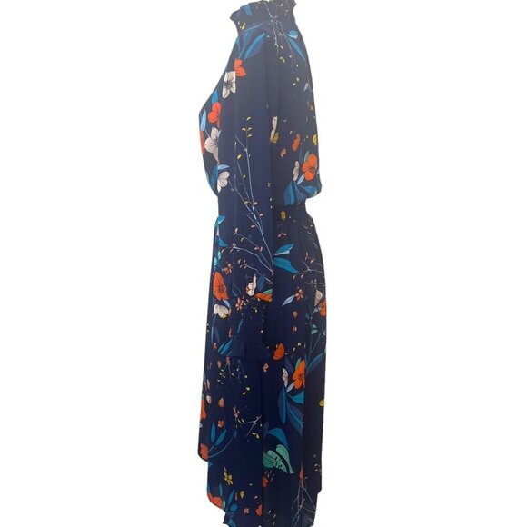 Nanette Lepore Floral smocked Hi Lo Hem Dress HI Neck Ladies Size 10 Colorful - Picture 7 of 9